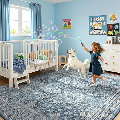 Lofus 9x12 Area Rug for Living Room,Blue Washable Area Rugs with Non-Slip Backing,Soft Boho Carpets for Bedroom Dining Room Home Office Indoor Nursery