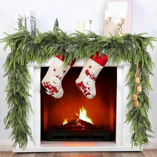 9Ft by 10 Inch Christmas Norfolk Pine Garland,Real Touch Garlands with Norfolk Pine&Cedar Branches,Realistic Soft Thick Artificial Greenery Garland for Mantle Fireplace Stair Outdoor Indoor Decortions