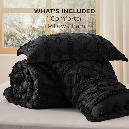 Bedsure Tufted Boho Comforter Set Twin Size - Black Boho Bed Set, GentleSoft™ 2 Pieces Farmhouse Shabby Chic Embroidery Bedding, Gifts for Woman, Soft Jacquard Twin Comforter for All Seasons
