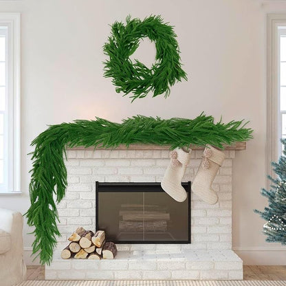2Pcs 9 FT Artificial Norfolk Pine Garlands, Realistic Christmas Garland Thickness Real Touch Winter Greenery Garland for Table Mantle Wall Indoor Outdoor Christmas Decor