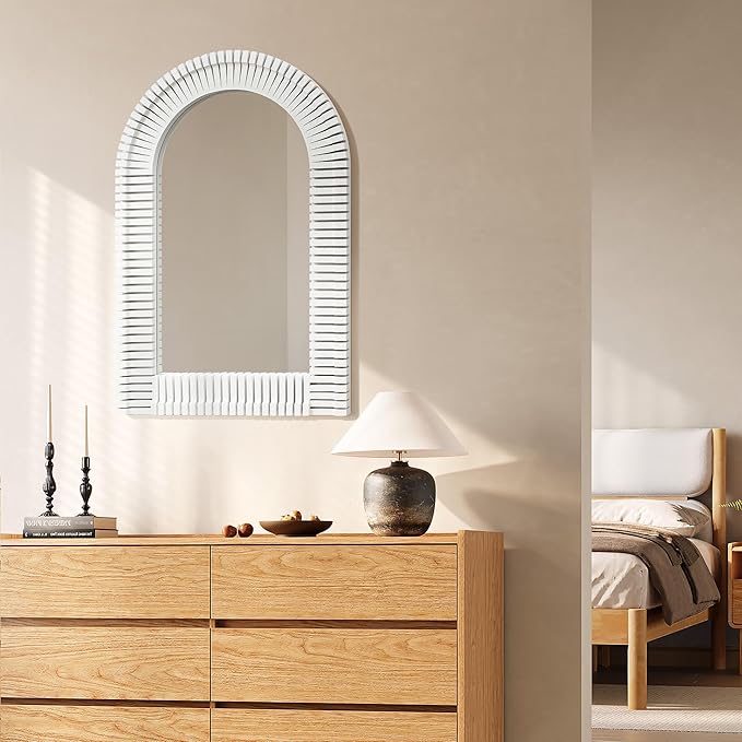 LuxenHome Arched Wall Mirror for Bathroom, 24"x35.5" Large Wood Framed Wall Mounted Decorative Vanity Mirror for Living Room Bedroom Decor, Hanging Sculptures Accent for Entryway Office Home Decor