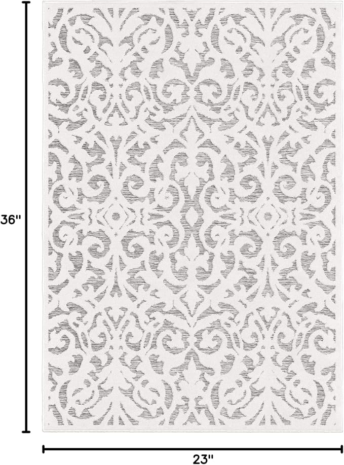 Orian My Texas House Lady Bird Rug 1.11x3 Rectangle High-Low Floral Indoor Outdoor, Natural Grey