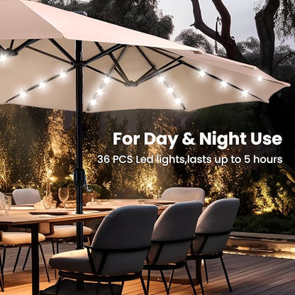 PHI VILLA 15ft Large Patio Umbrella with Base & Solar Lights, Double-Sided Outdoor Rectangle Umbrellas with 36 LED Lights, Umbrella for Outside with Stand, Beige