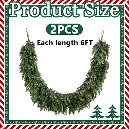 2 Pcs Christmas Norfolk Pine Garlands, 6 Ft Double Color Real Touch Artificial Cedar Garland, Faux Pine Cypress Greenery Garland Ornaments for Mantle Fireplace Table Indoor Outdoor Xmas Decoration