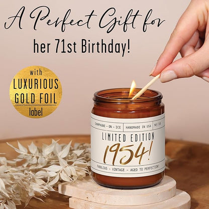 71st Birthday Gifts for Women - 'Limited Edition 1954' Soy Candle, w/Champagne on Ice I 71 Birthday Gifts for Women I 71st Birthday Gift for Her Ideas I 9oz Reusable Jar, 50Hr Burn, Made in USA