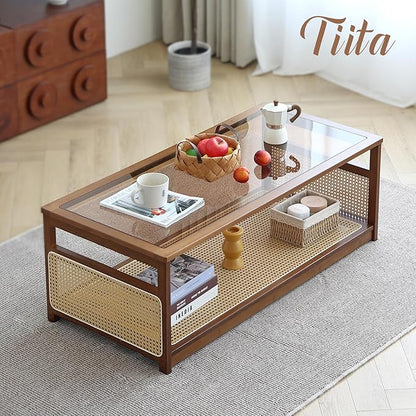 Tiita Coffee Tables for Living Room，Mid Century Modern Storage 2-Tier Coffee Tables，Rattan Glass RectangleTables，Suitable for Living Room Apartment, Large, Brown