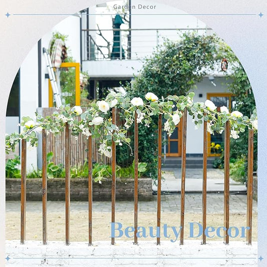 Der Rose 2Pcs Artificial Eucalyptus Flower Garland with Fake Rose Flower Vine Seeded Eucalyptus Leaves Greenery Garland for Wedding Table Runner Backdrop Party Centerpiece Decor (White-Total 13FT)