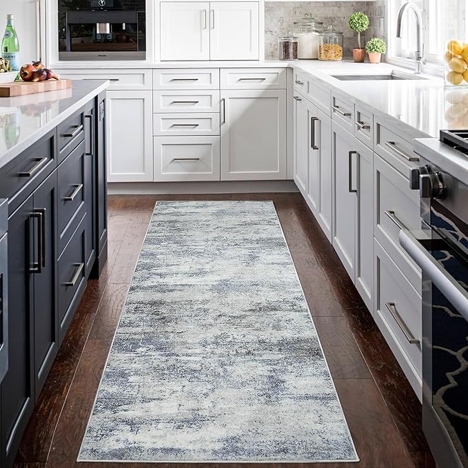 Runner Rug for Hallways Kitchen 2'6"x8' Washable Non Slip: Carpet Non Skid 8ft Entryway Rubber Backed 8 Feet Neutral Abstract Modern Rug Low Pile Pet Friendly Indoor Blue Grey