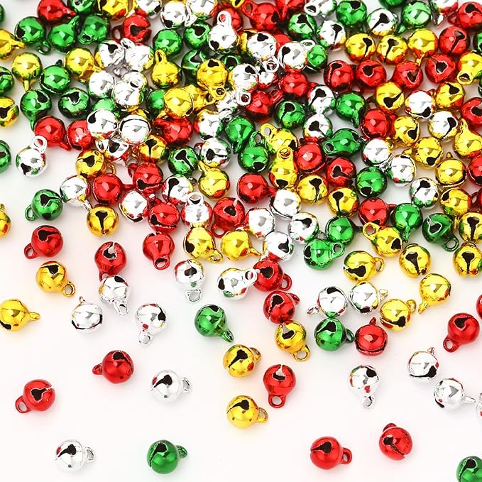 Augshy 200 Pieces Jingle Bells 1/4 Inch Craft Bell Mini Bell Bulk for Christmas Home and Pet Decorations Bracelet Necklace Jewelry Making Xmas Decor Party Favors Supplies (Gold, Silver, Red, Green)
