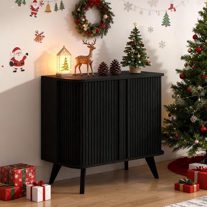 Fluted Sideboard Buffet Cabinet with Storage, 27” Curvy Edge Accent Storage Cabinet with Sliding Doors & Shelves, Modern Sideboard Credenza Console for Kitchen, Living Room, Entryway, Black