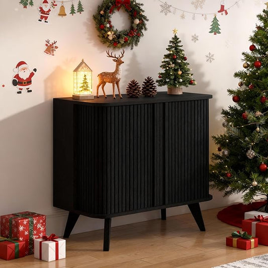 Fluted Sideboard Buffet Cabinet with Storage, 27” Curvy Edge Accent Storage Cabinet with Sliding Doors & Shelves, Modern Sideboard Credenza Console for Kitchen, Living Room, Entryway, Black