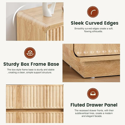 Fluted 3 Drawer Dressers for Bedroom, 31.5" Wide Large Mid Century Modern Nightstand 2 Sets W/3 Storage Drawers , Wood Dresser & Chest of Drawers with Curved Profile for Living Room (Natural)