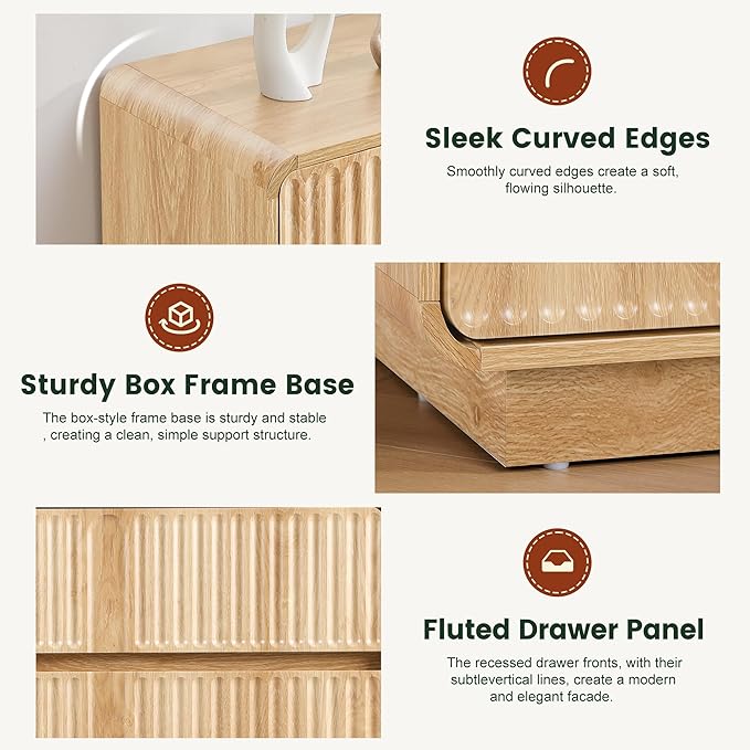 Turtle&Myrtle Fluted 3 Drawer Dressers for Bedroom, 31.5" Wide Large Mid Century Modern Nightstand W/3 Storage Drawers, Wood Dresser & Chest of Drawers with Curved Profile for Living Room (Natural)