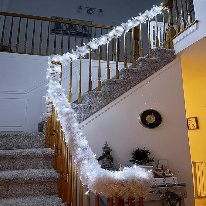 CANREVEL 4 Pieces 26.2 Ft Christmas Garland Metallic Shiny Twist Tinsel Garland Hanging Decorations for Christmas Tree, Mantle, Stairs Railing Decorations - White