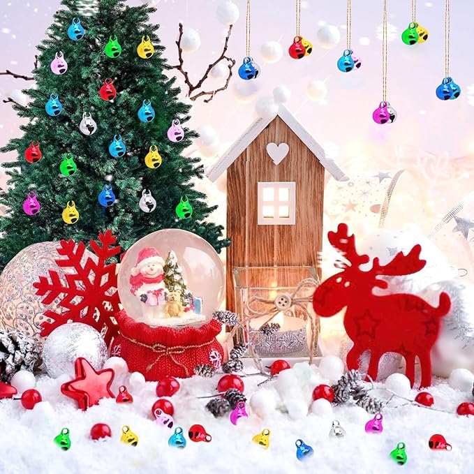 Augshy 200 Pcs Multicolour Jingle Bells, 1/4 Inch Craft Bell Mini Bell Bulk for Christmas Home Pet Decorations Bracelets Necklace Knitting Jewelry Making Xmas Decor Party Favors Supplies