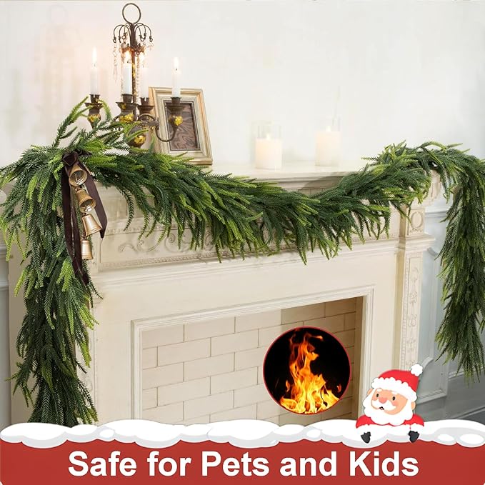 2PCS 6FT Christmas Garlands, Realistic Norfolk Pine Garlands Artificial Greenery Garland Faux Pine Needle for Stairs Railing Fireplace Table Decor