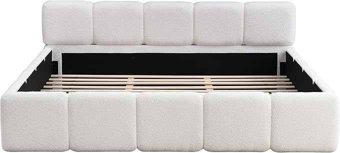 Christopher Knight Home Hazel King Size Platform Bed, Boucle Thick Headboard and Footboard, Upholstery Grounded Beds, Block Style, Wood Slats Panel Support, No Spring Box Needed, Easy Assembly, White