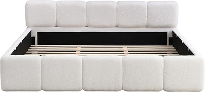 Christopher Knight Home Hazel King Size Platform Bed, Boucle Thick Headboard and Footboard, Upholstery Grounded Beds, Block Style, Wood Slats Panel Support, No Spring Box Needed, Easy Assembly, White
