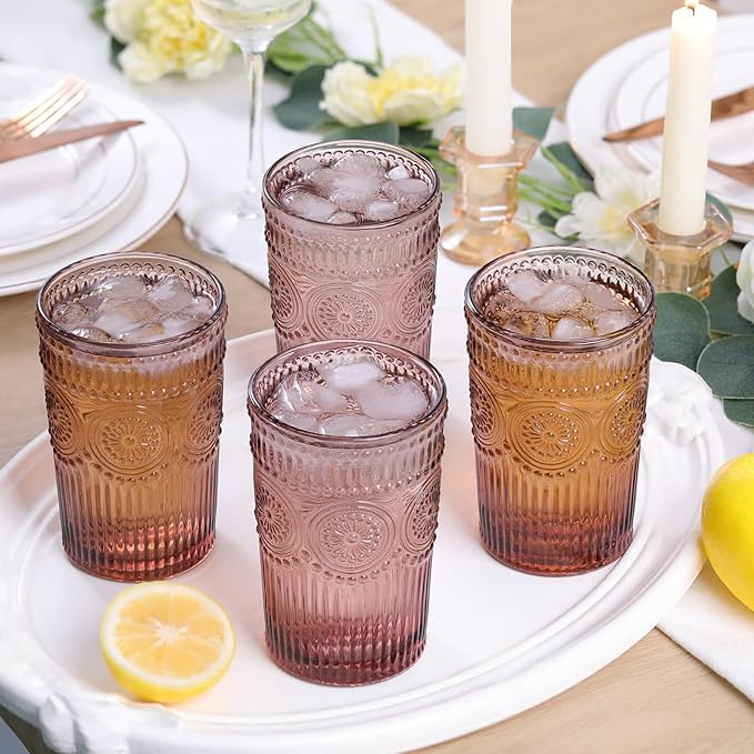 Vintage Glassware Drinking Glasses Set of 4-13 oz Purple Highball Glasses Water Tumbler, Embossed Glassware Cups for Juice, Beer, Cocktail, Whiskey, Various Mixed Drinks