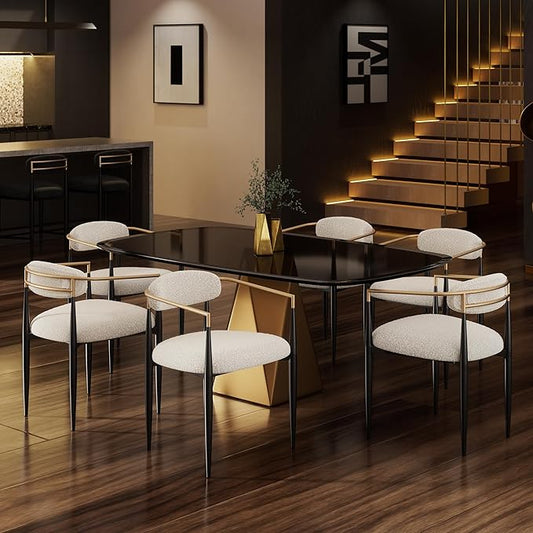 Morden Fort Modern Dining Chairs Set of 6, Upholstered Boucle Dining Chairs with Gold Armrest and Black Metal Legs, for Kitchen, Living Room and Lounge