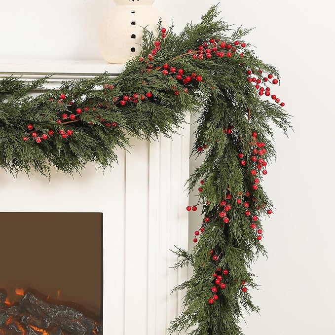 Dingion 1 Pcs 6 ft Christmas Cedar Garland - Thick & Lush, Soft Realistic Artificial Faux Cedar Cypress Pine Garland for Holiday Christmas Winter Home Table Mantel Wall Indoor Seasonal Decoration