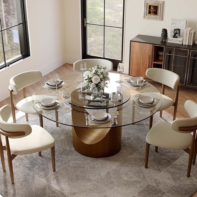 POVISON 59" Round Dining Table for 4-6 with 31" Lasy Susan, Glass Tabletop Dining Table with Bronze Carbon Steel Pedestal, Modern Dining Room Table for Kitchen, Living Room (Table Only)