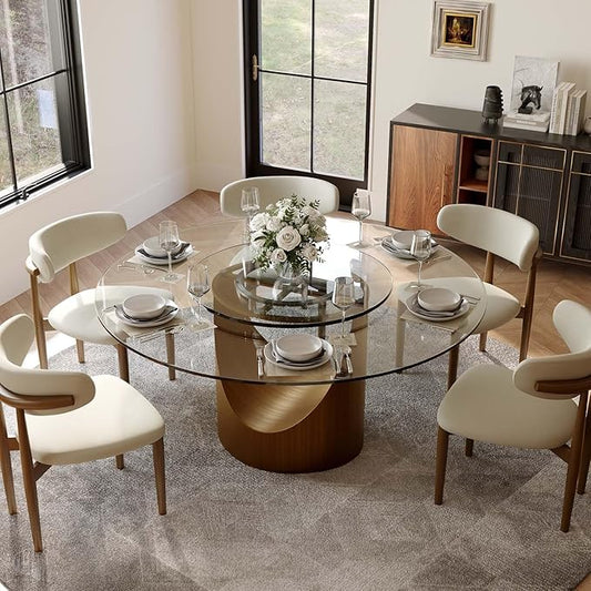 POVISON 59" Round Dining Table for 4-6 with 31" Lasy Susan, Glass Tabletop Dining Table with Bronze Carbon Steel Pedestal, Modern Dining Room Table for Kitchen, Living Room (Table Only)