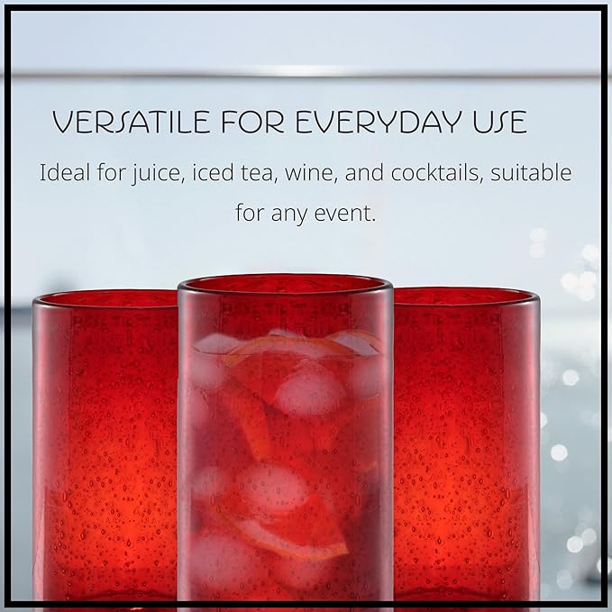 Artland 17oz Highball Tumbler, Set of 4 | Iris Seeded Design, Ruby Red | Drinking Glass for Parties and Everyday Use - Mojito, Whiskey, Cocktail | Glassware & Kitchenware Essentials