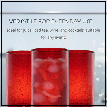 Artland 17oz Highball Tumbler, Set of 4 | Iris Seeded Design, Ruby Red | Drinking Glass for Parties and Everyday Use - Mojito, Whiskey, Cocktail | Glassware & Kitchenware Essentials