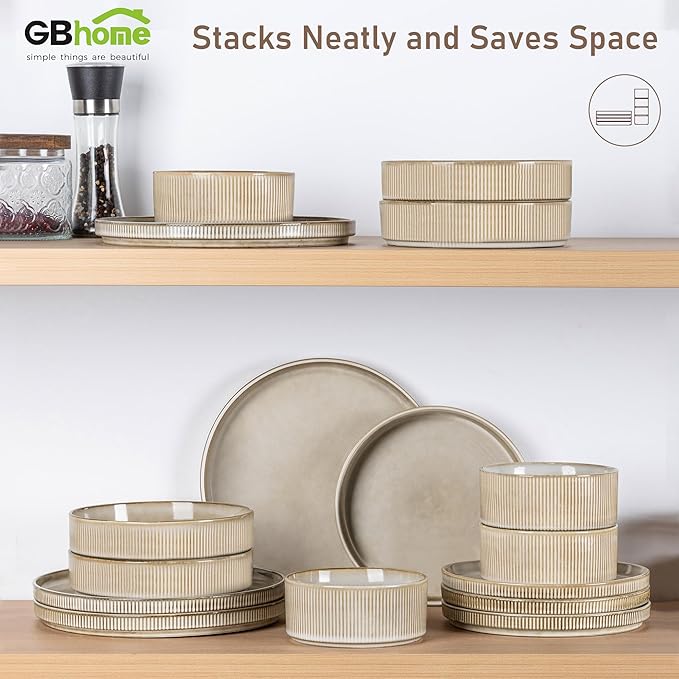 GBHOME Stoneware Dinnerware Sets for 4,Round Reactive Glaze Ceramic Plates and Bowls Set,Highly Scratch Resistant | Dishwasher & Microwave Safe Dishes Set,Service for 4(12Pcs)