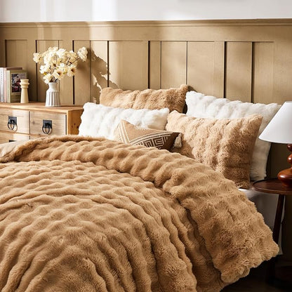 Lotus Karen Faux Fur Full Comforter Set – Brown Fluffy Comforter Full Size, Big Bubble Faux Rabbit Fur Bedding Comforter Sets, Winter Warm Cozy Fuzzy Bed Set 3 Pieces, 1 Comforter and 2 Pillowcases