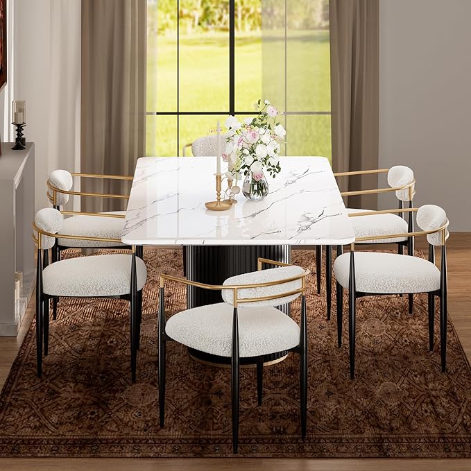 Morden Fort Modern Dining Chairs Set of 2, Upholstered Boucle Dining Chairs with Gold Armrest and Black Metal Legs for Kitchen, Living Room and Restaurant