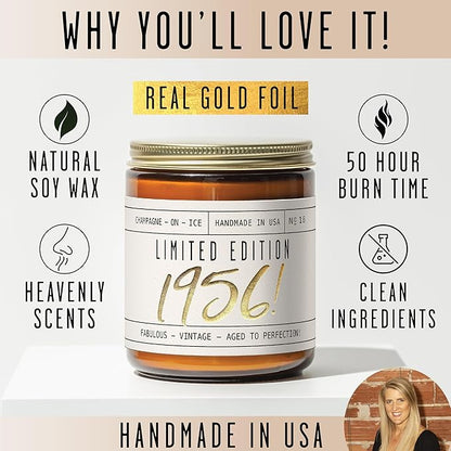 69th Birthday Gifts for Women - 'Limited Edition 1956' Soy Candle, w/Champagne on Ice I 69 Birthday Gifts for Women I 69th Gift for Her Ideas I 9oz Reusable Jar, 50Hr Burn, Made in USA