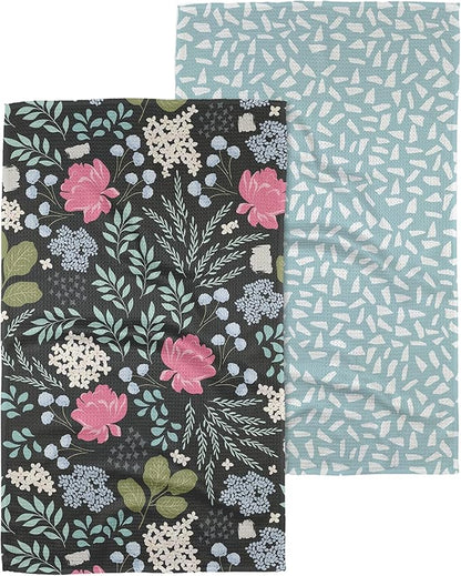 GEOMETRY Kitchen Tea Towels Quick Dry Microfiber Premium Towel Not Forgotten and Fiona Pretty Petals 2 Pack Set