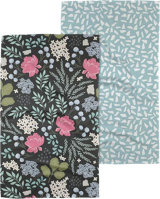 GEOMETRY Kitchen Tea Towels Quick Dry Microfiber Premium Towel Not Forgotten and Fiona Pretty Petals 2 Pack Set