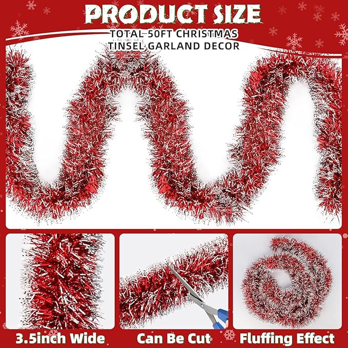 Lush Christmas Tinsel Garland, Red & White Radiant Metallic Twist Streamers for Holiday Decor, Plush & Full Xmas Tree Garland for an Elegant Festive Atmosphere, Indoor & Outdoor Party Supplies
