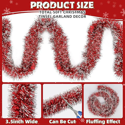 Lush Christmas Tinsel Garland, Red & White Radiant Metallic Twist Streamers for Holiday Decor, Plush & Full Xmas Tree Garland for an Elegant Festive Atmosphere, Indoor & Outdoor Party Supplies