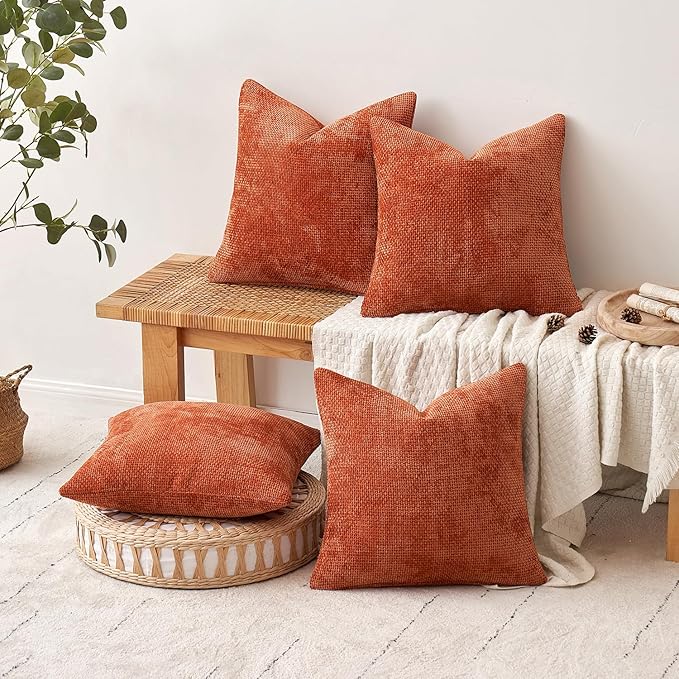 MIULEE Fall Pack of 4 Throw Pillow Covers 20x20 Inch Burnt Orange Soft Decorative Chenille Pillow Covers Farmhouse Accent Cushion Covers for Boho Home Decor Bedroom Living Room