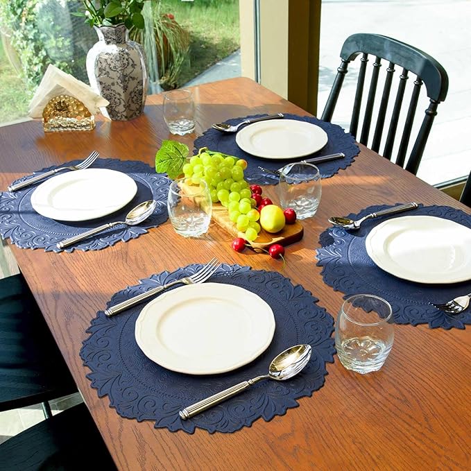 Noctiflorous Round Faux Leather 15 Inch Placemats Set of 4 Waterproof Wipeable Heat Resistant Tablemat for Dining Table Kitchen Non Slip Oilproof Table Place Mat for Indoor Outdoor(A Blue, 4)