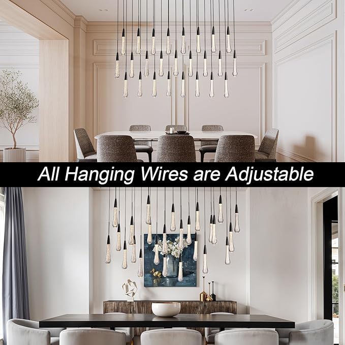 Black Rectangle Raindrop Chandelier with Glass，25-Lights Luxury Farmhouse Large Linear Chandeliers for Dining Room Over Table, Brass Pendant Ceiling Light Fixture for Kitchen Island