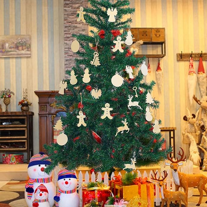 MACTING 30PCS Wooden Christmas Ornaments Unfinished Predrilled Natural Wood Slices DIY Blank Hanging Ornaments Kit for Crafts Centerpieces Christmas Tree Decorations, 6 Styles