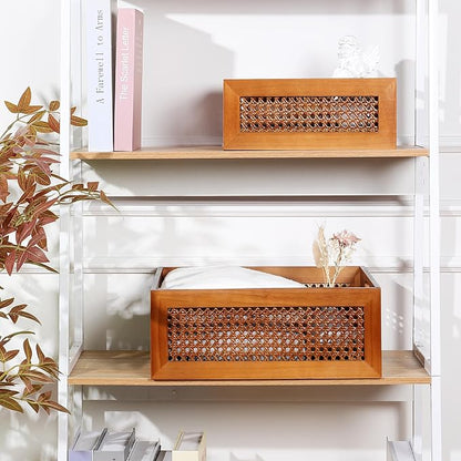 Wooden Storage Basket Set of 4 Handmade Rattan Drawer Storage Box with Frame & Handles Decorative Natural Bamboo Woven Bins Rustic Farmhouse Decor Home Office Tabletop Shelf Organizer