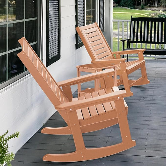 GREENVINES Outdoor Rocking Chairs | Set of 2 | Porch Rocker | HDPE Plastic | Teak | Oversized Rockers | High Back | Big & Tall | Ladder Back | for Patio Outside Backyard Balcony Garden