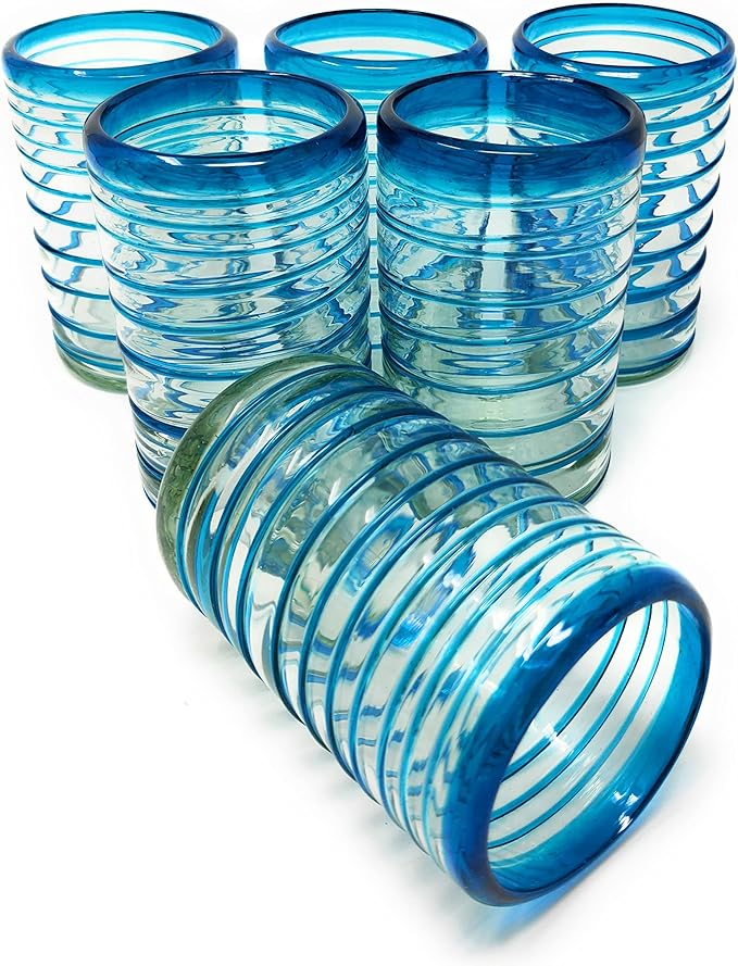 Hand Blown Mexican Drinking Glasses – Set of 6 Glasses with an Aqua Spiral Design (14 oz each) …