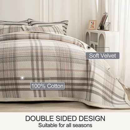 Cotton Plaid Quilt Set King 3 Piece Lightweight Reversible Bedding, Grid Grey White