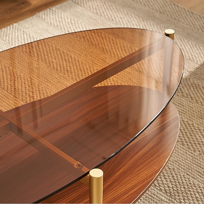 Saint Mossi Olive Glass Coffee Table for Living Room, Mid Century Modern Center Table, Surfboard Brown Glass & Coffee Brown MDF Bottom Shelf, L41xW21xH17, Gold Table Legs
