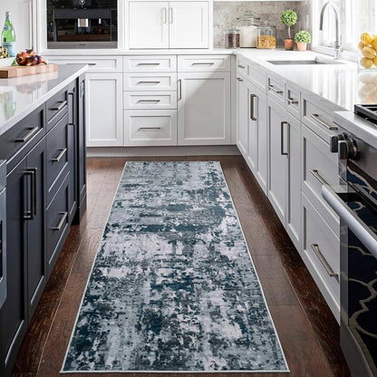 Runner Rug for Hallways Kitchen 2'6"x8' Washable Non Slip: Carpet Non Skid 8ft Entryway Rubber Backed 8 Feet Neutral Abstract Modern Rug Low Pile Pet Friendly Indoor Navy Grey