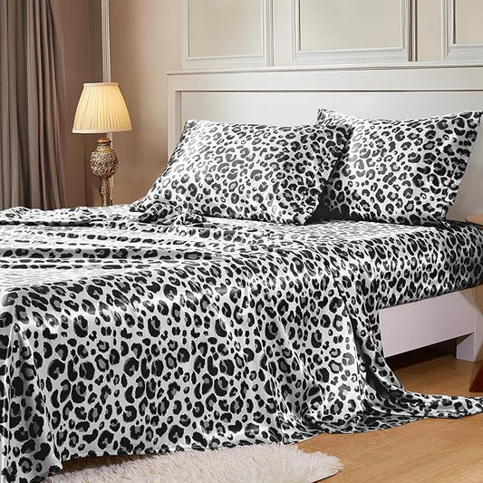 MR&HM Satin Sheets with Elastic Corner Straps, King Size Sheets Set, 4 Pcs Silky Bedding Set with 15 Inches Deep Pocket for Mattress (King, White Leopard)
