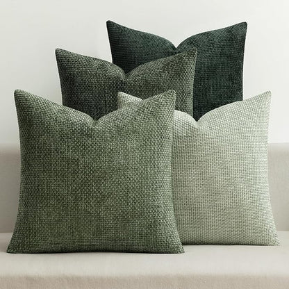 MIULEE Pack of 4 Christmas Throw Pillow Covers 16x16 Inch Green Soft Decorative Chenille Pillow Covers Farmhouse Accent Cushion Covers for Boho Home Decor Bedroom Living Room
