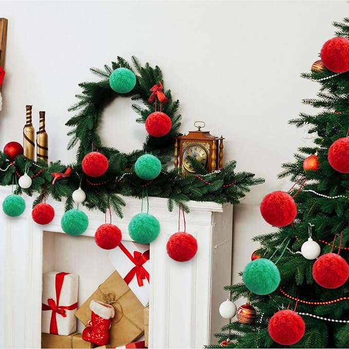 24 Pcs Red Green Fur Christmas Ornaments 3.15 Inch Pom Pom Ball Lime Green Hanging Decoration Fuzzy Fluffy Christmas Tree Decorations for Xmas Tree Wreath Home DIY Craft Gift Party Decor